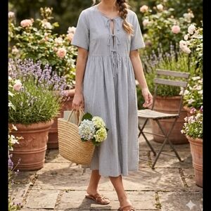 Böhme Cottagecore Blue & White Striped Midi Coastal Dress Front Ties Large